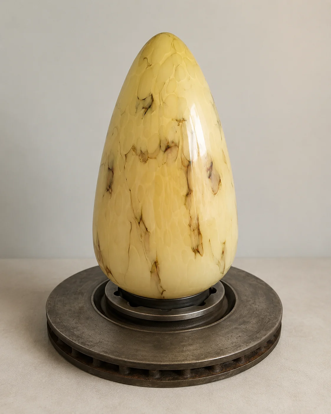 Eivormig decoratief object op metalen voet